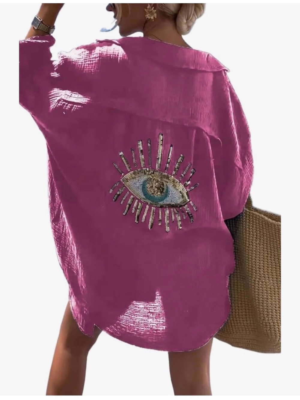 Women’s Pink Beach Cover-Up Shirt with Embellished Eye